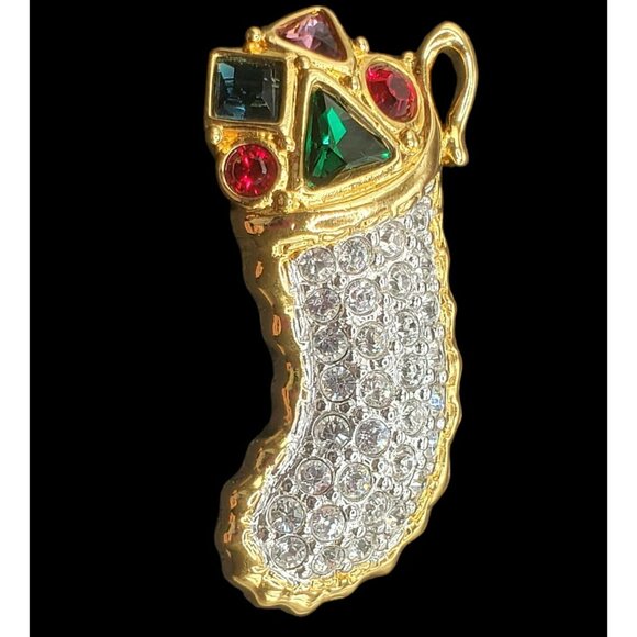 VTG Swarovski Crystal Christmas Stocking Pin Brooch Holiday Gold Tone Gems 1.5" - Picture 9 of 13